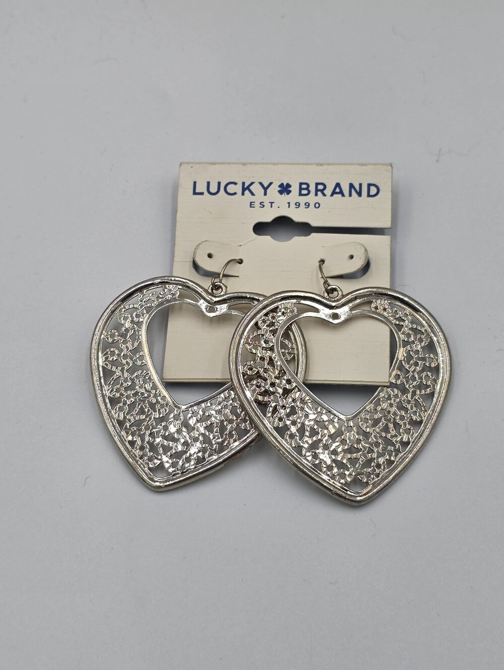 Lucky Brand‎ Silver Heart Filigree Hoop Earrings New Large